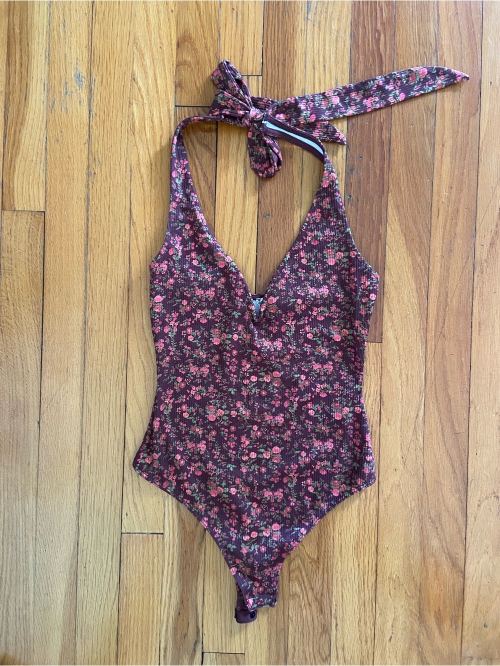 Free People Floral Halter Bodysuit in Burgundy and Pink
